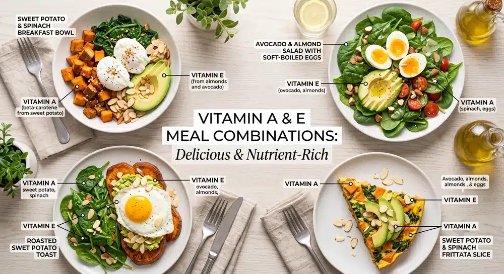 Các thực đơn kết hợp các loại thực phẩm giàu vitamin A và vitamin E, bao gồm khoai lang, rau bina, bơ, hạnh nhân và trứng
