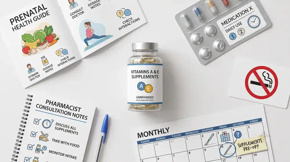 Các lưu ý về an toàn khi sử dụng thực phẩm chức năng chứa vitamin A và E trong thai kỳ, tiền sử hút thuốc và việc sử dụng thuốc