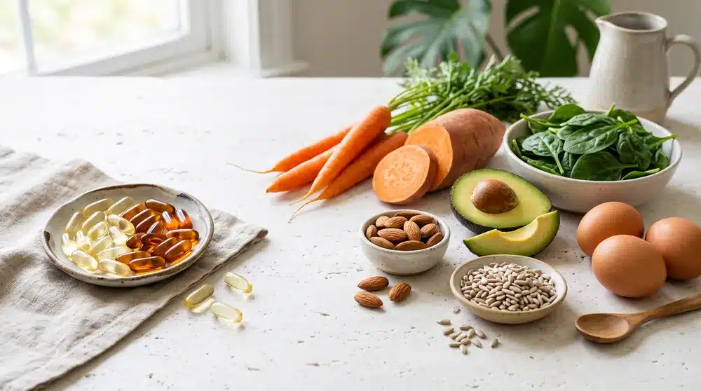 Các loại thực phẩm bổ sung vitamin A và E như cà rốt, rau bina, hạnh nhân, hạt hướng dương và quả bơ