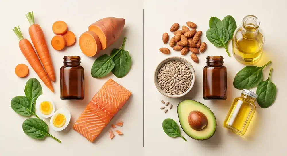 So sánh trực quan giữa các nguồn thực phẩm chứa vitamin A và vitamin E với các dạng thực phẩm chức năng