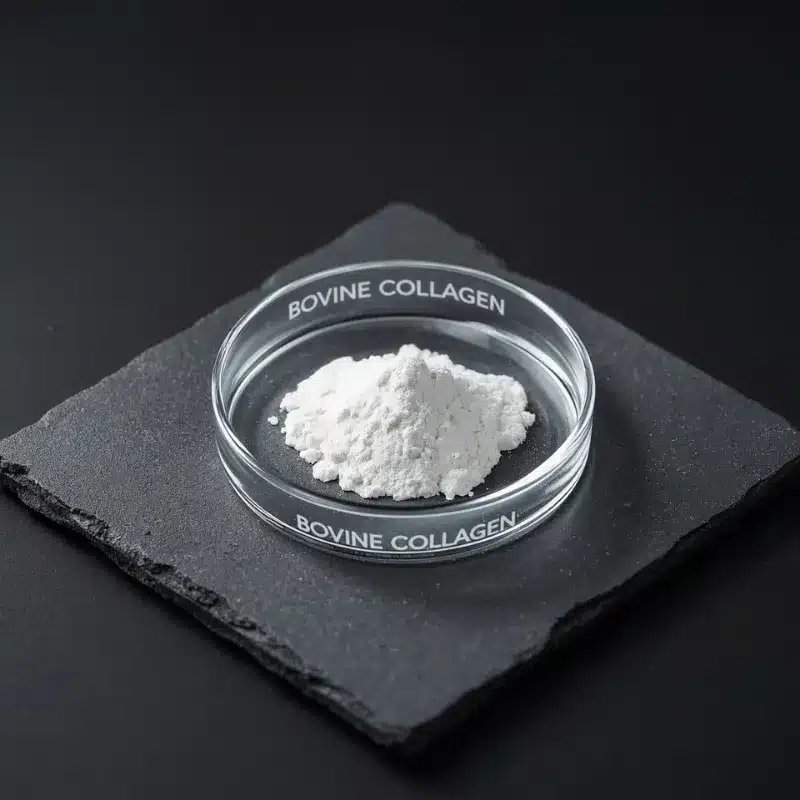 Bovine collagen Type I and III peptide powder in a glass dish