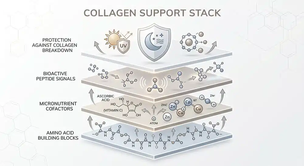 Ensemble de compléments alimentaires pour le collagène comprenant des éléments constitutifs, des cofacteurs, des signaux peptidiques et des agents protecteurs du collagène.