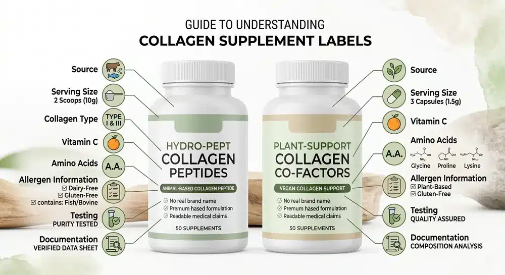 Guide pour bien comprendre les étiquettes des compléments alimentaires à base de collagène d'origine animale et de collagène végétalien.