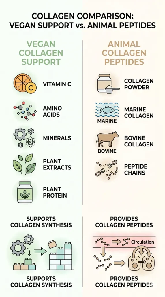 Infographie comparant les compléments alimentaires à base de collagène végétalien et ceux à base de peptides de collagène d'origine animale.