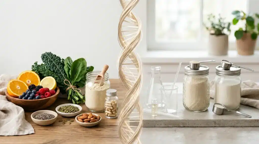 Vegan collagen builders and animal collagen peptides compared with plant ingredients and collagen powder.