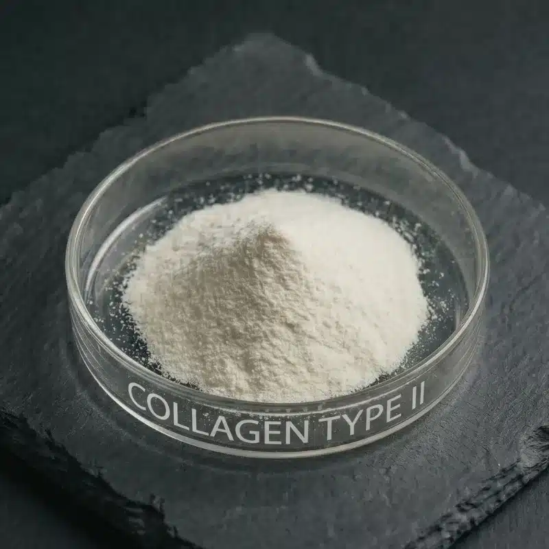Chicken sternum collagen Type II powder in a glass dish