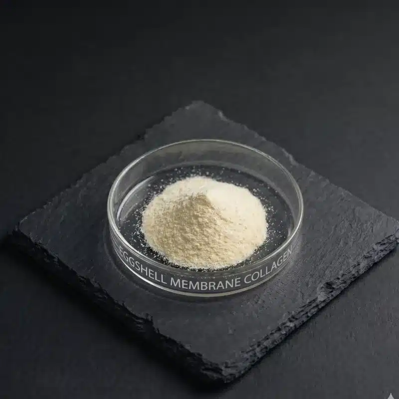 Chicken eggshell membrane powder in a glass dish