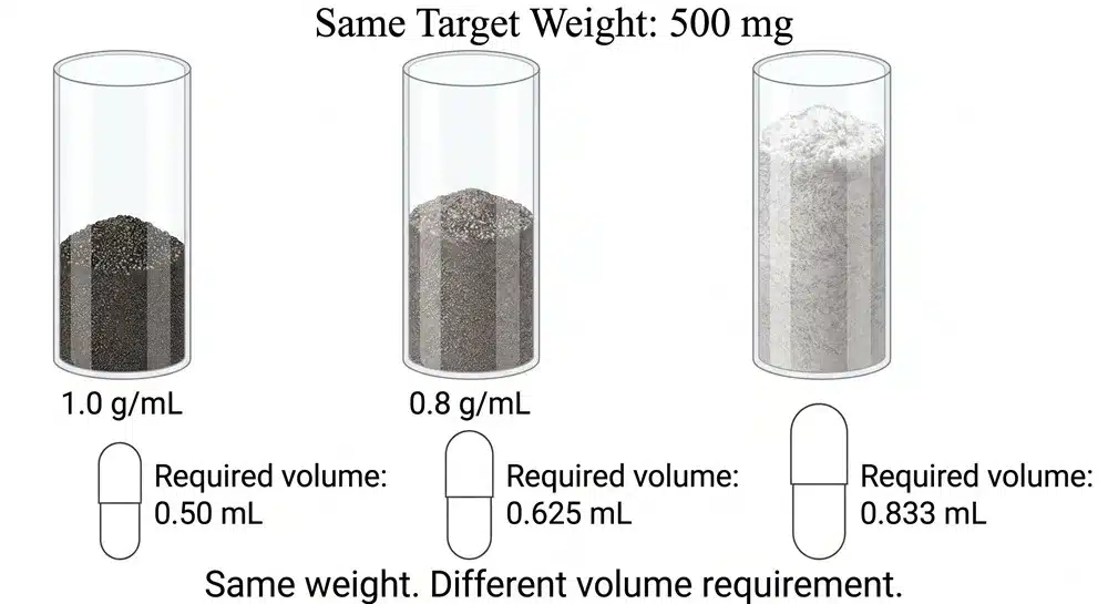 Example showing why 500 mg can require different capsule sizes depending on powder density