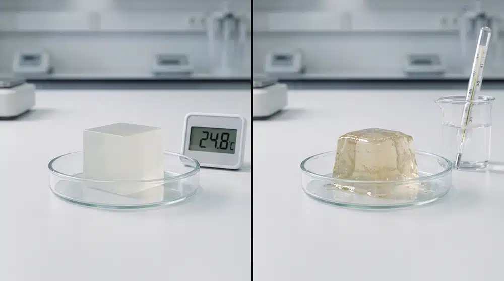 agar-vs-gelatin-heat-stability-visual Agar gel and animal gelatin compared for heat stability and melt behavior