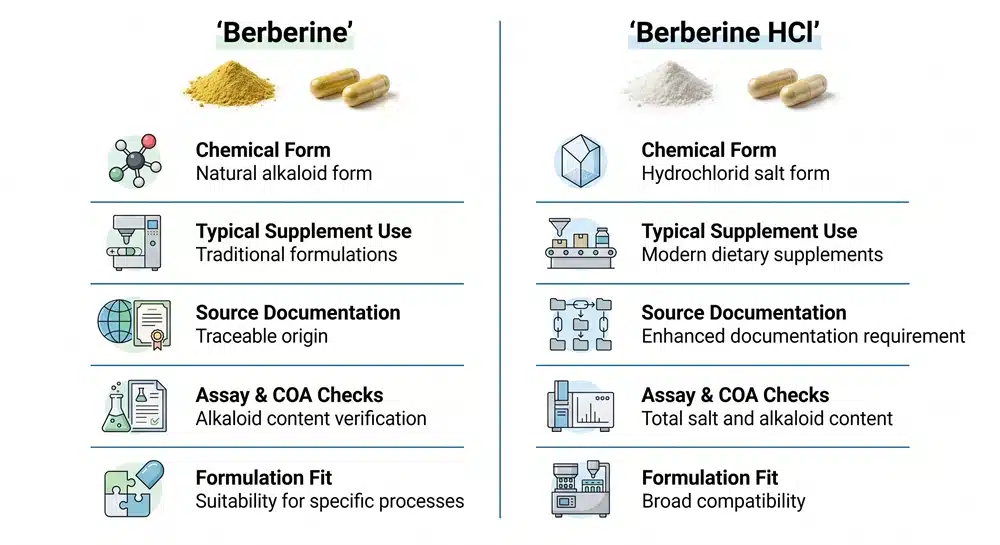 Berberine vs berberine HCl comparison by chemical form, source documentation and supplement specifications