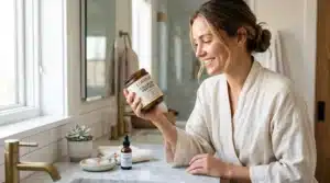 Person comparing a clean collagen peptides powder label while considering acne-prone skin concerns