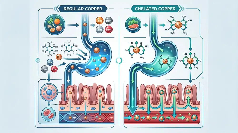 chelated-copper-absorption-flowchart Chelated copper absorption pathway vs copper sulfate in digestion