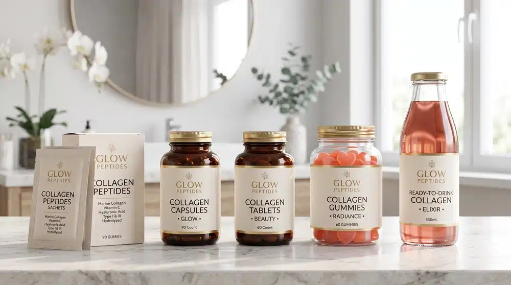 collagen-product-format-comparison Collagen powder capsules gummies and liquid format comparison for beauty supplement brands