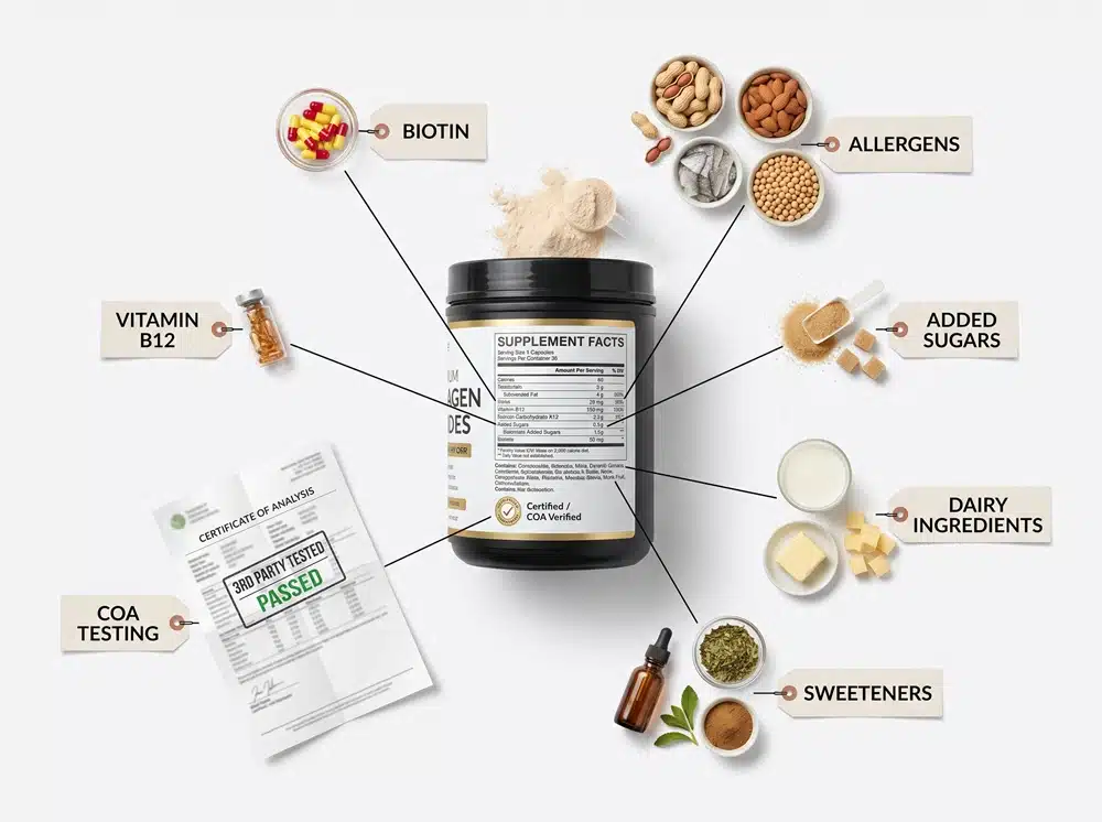 collagen-supplement-breakout-triggers Common breakout triggers in collagen supplements including sugar, dairy, B vitamins, and allergens