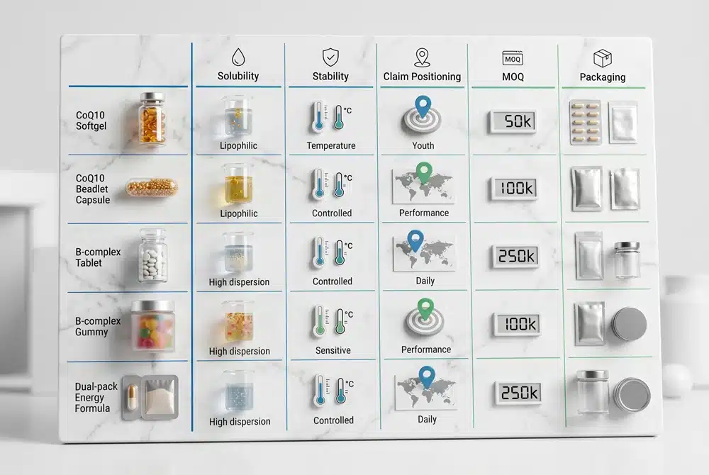 coq10-vitamin-b-dosage-form-matrix CoQ10 and Vitamin B dosage form selection matrix for supplement manufacturing