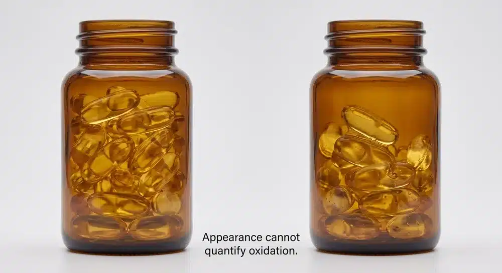 Fish oil softgels shown in normal packaging and visibly damaged packaging to illustrate the limits of visual inspection
