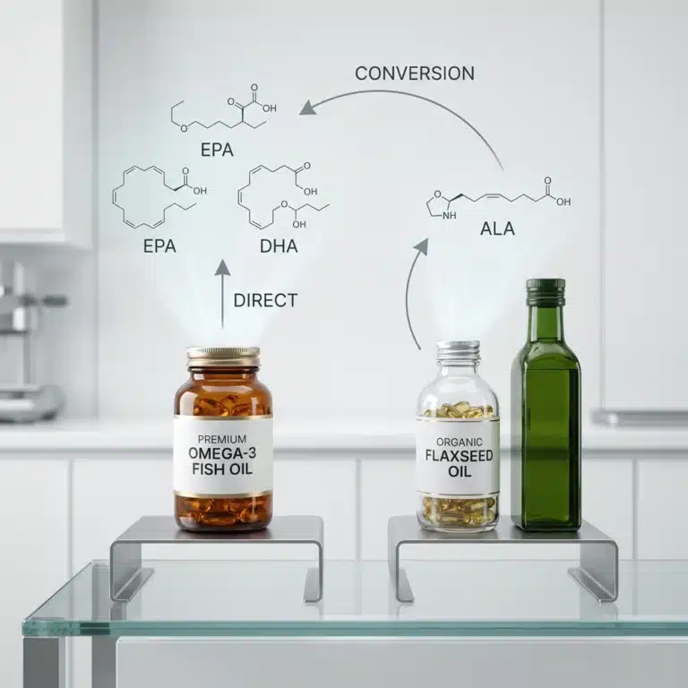 Fish oil vs flaxseed oil omega-3 comparison showing EPA DHA and ALA differences