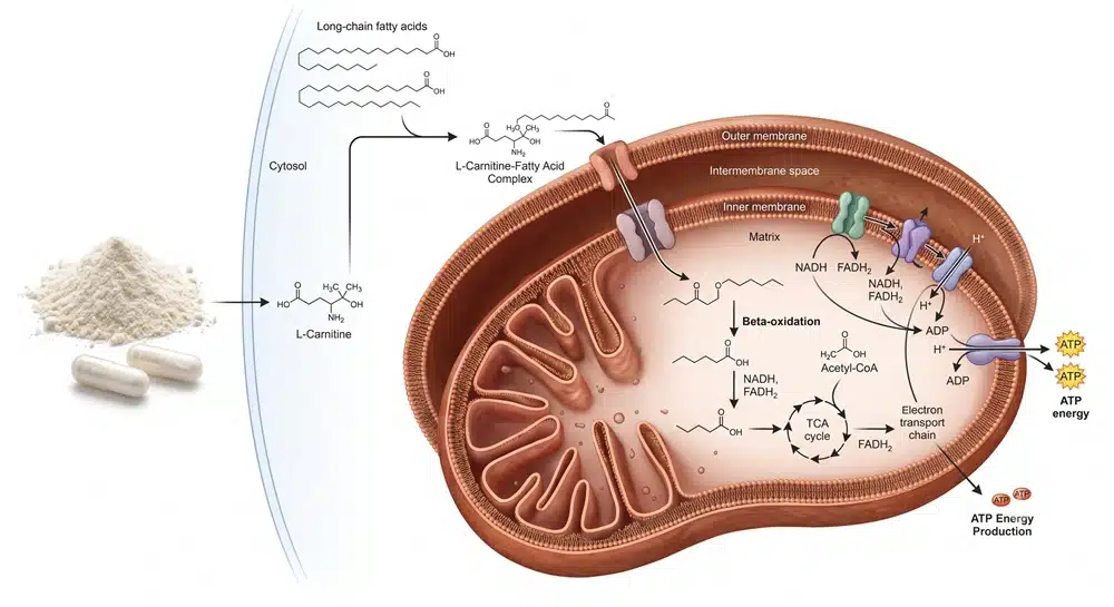 l-carnitine-fatty-acid-mitochondria-transport L-carnitine transports fatty acids into mitochondria for energy production