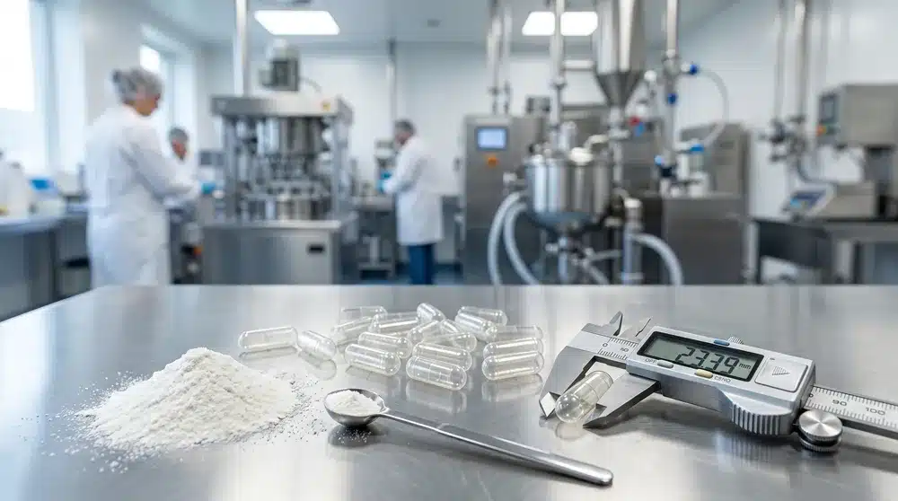 Size 00 capsules with powder in a supplement manufacturing setting