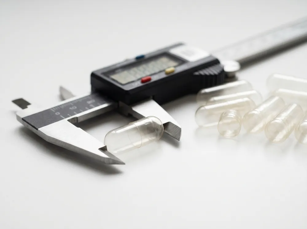 size-000-capsule-dimensions-caliper Size 000 capsule measured with a digital caliper for length and diameter