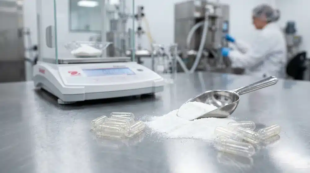 Size 000 capsules with supplement powder on a clean laboratory bench