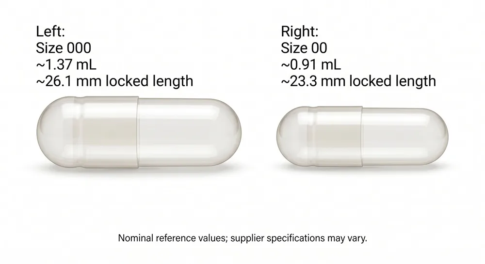 Size 000 versus size 00 capsule dimensions and volume comparison
