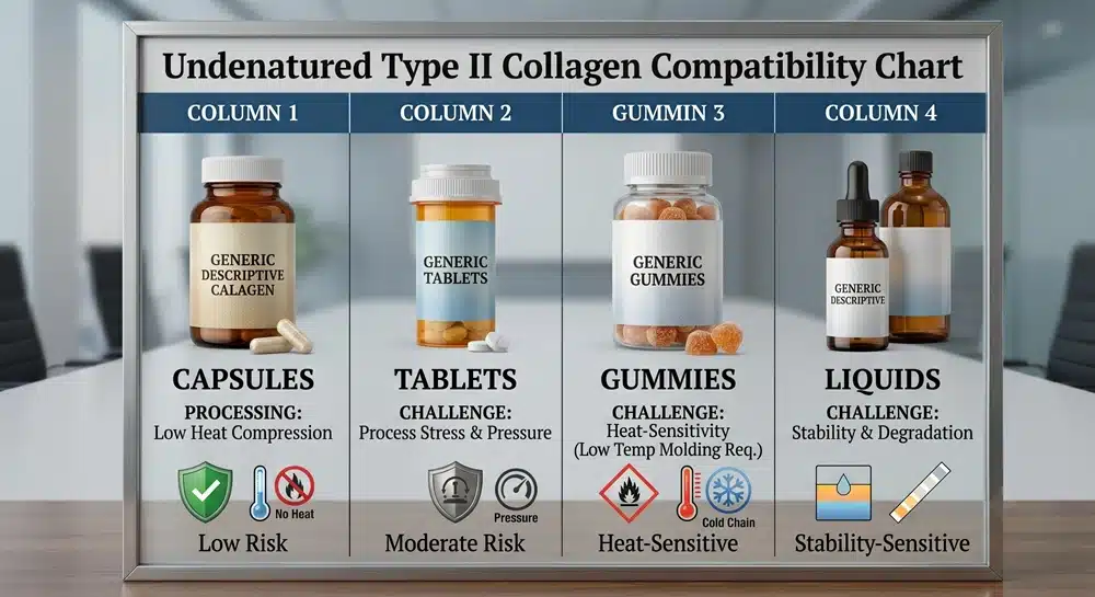 undenatured-collagen-type-ii-dosage-form-stability Undenatured collagen type II dosage form stability for capsules tablets gummies and liquids