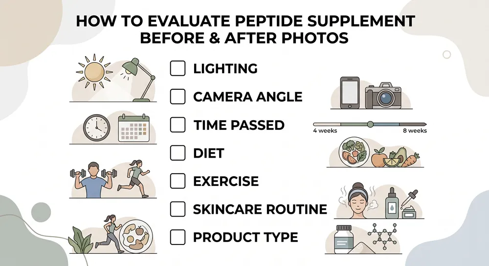 Checklist for judging peptide before and after photos with lighting angle timeline and lifestyle factors