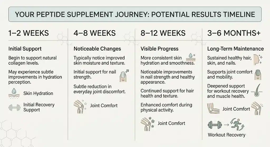 Timeline showing realistic peptide before and after results from 1 week to 6 months