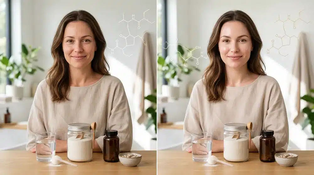 Peptides before and after results timeline for skin, hair, collagen, muscle recovery and supplements