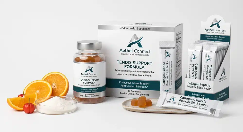 Private label tendon health supplement with collagen peptides and vitamin C Create a premium private label tendon health supplement concept with collagen peptide powder stick packs, vitamin C ingredient visual, and joint health packaging mockups. White background, B2B nutraceutical style, no disease or injury claims