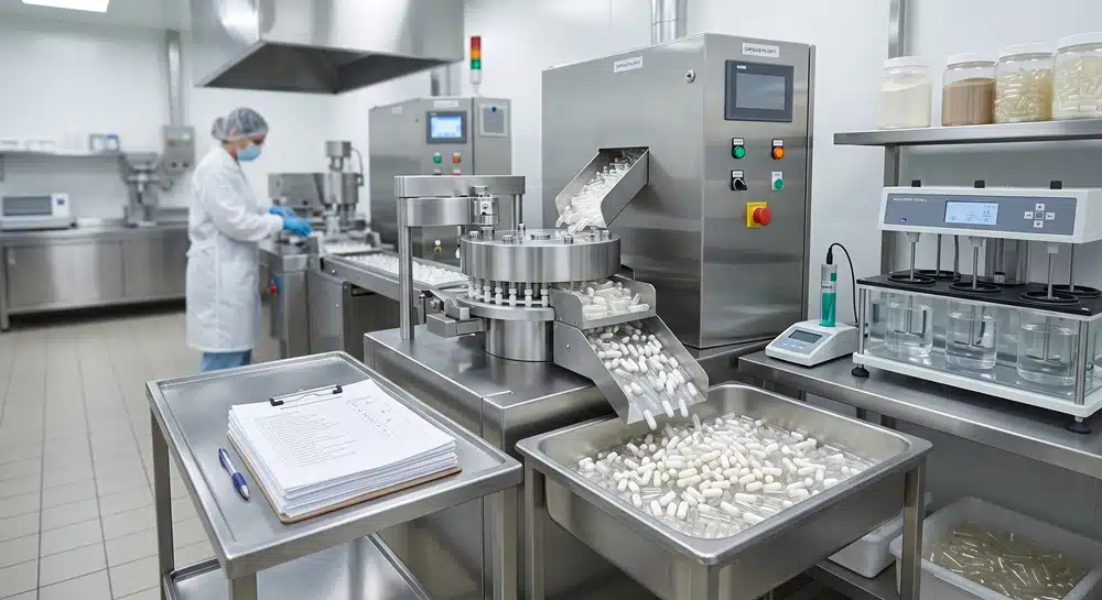 Custom capsule manufacturing line with quality testing for supplement brands
