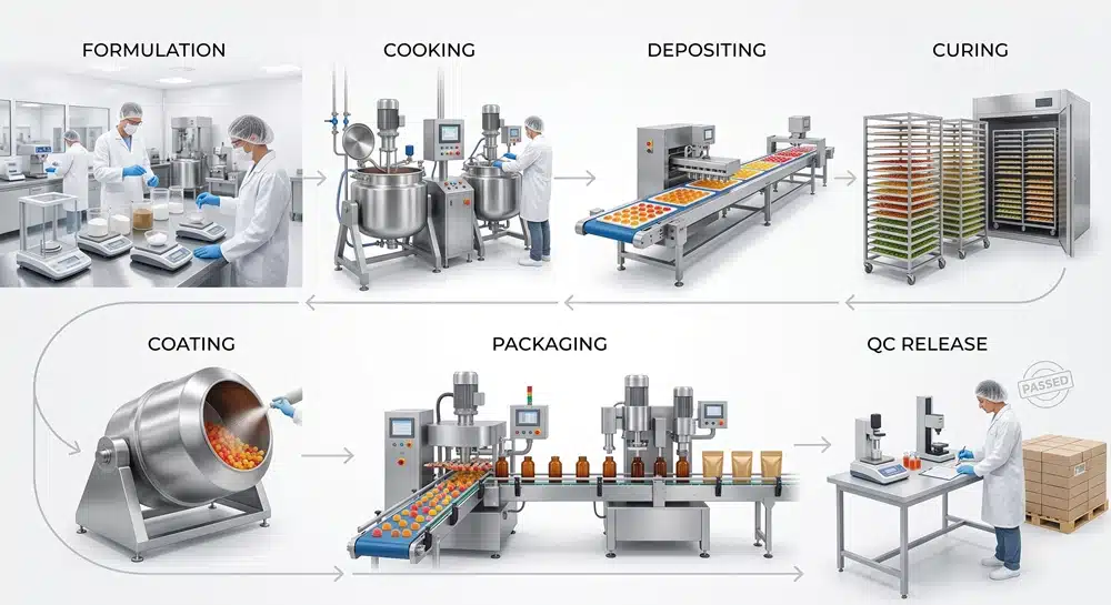 Gummy supplement manufacturing process from formulation to packaging