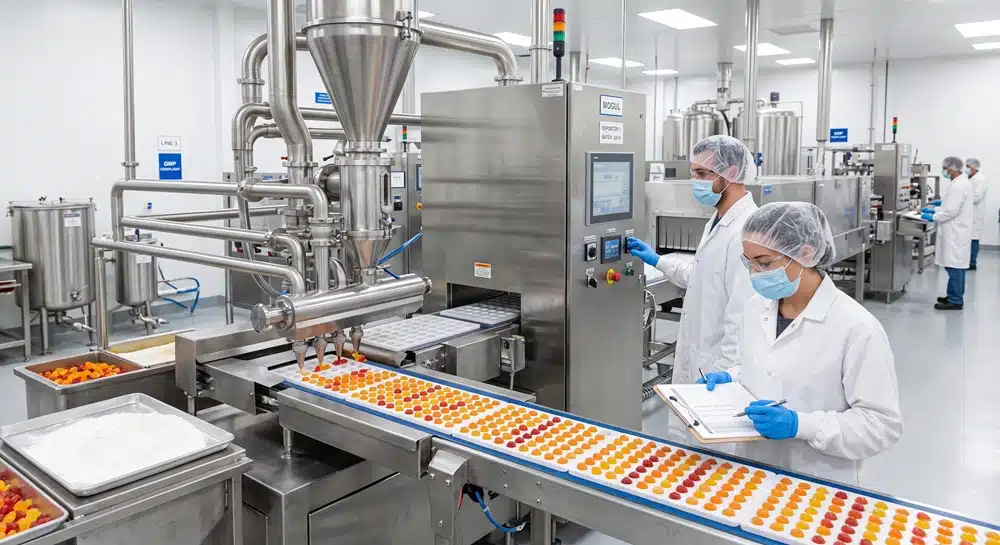Gummy supplement production line with depositing and molding equipment