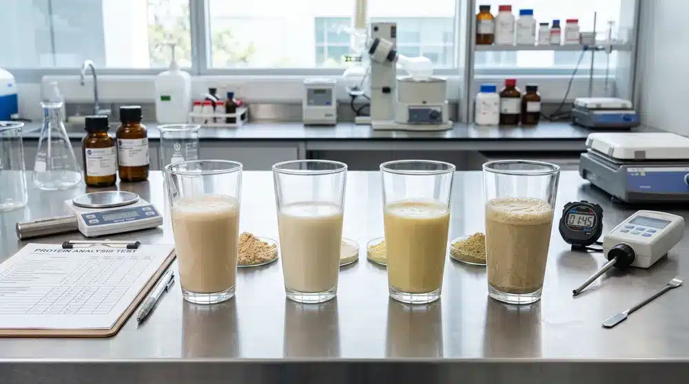 Matched protein bench test comparing whey, pea protein and plant protein blend prototypes