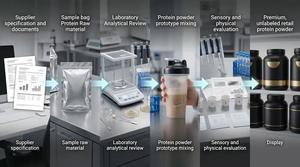 Protein ingredient evaluation workflow from supplier COA to prototype testing and finished protein powder