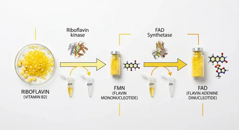 Vitamin B2 conversion pathway from riboflavin to FMN and FAD