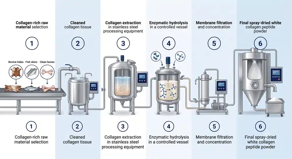 Collagen peptide manufacturing process from raw material to hydrolyzed powder
