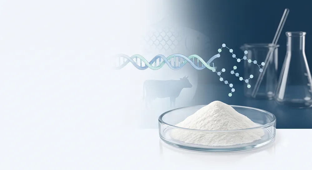Collagen peptide powder with collagen protein and peptide chain illustration