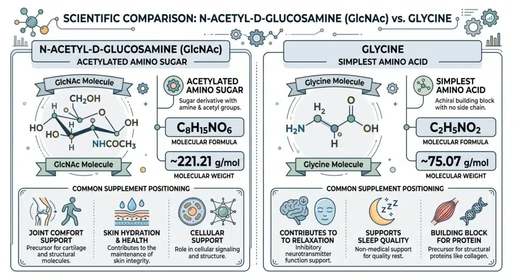 GlcNAc amino sugar vs glycine amino acid structure comparison