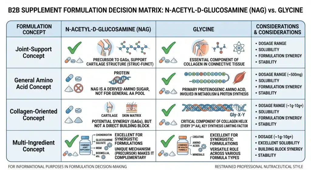 NAG vs glycine joint supplement formulation decision matrix